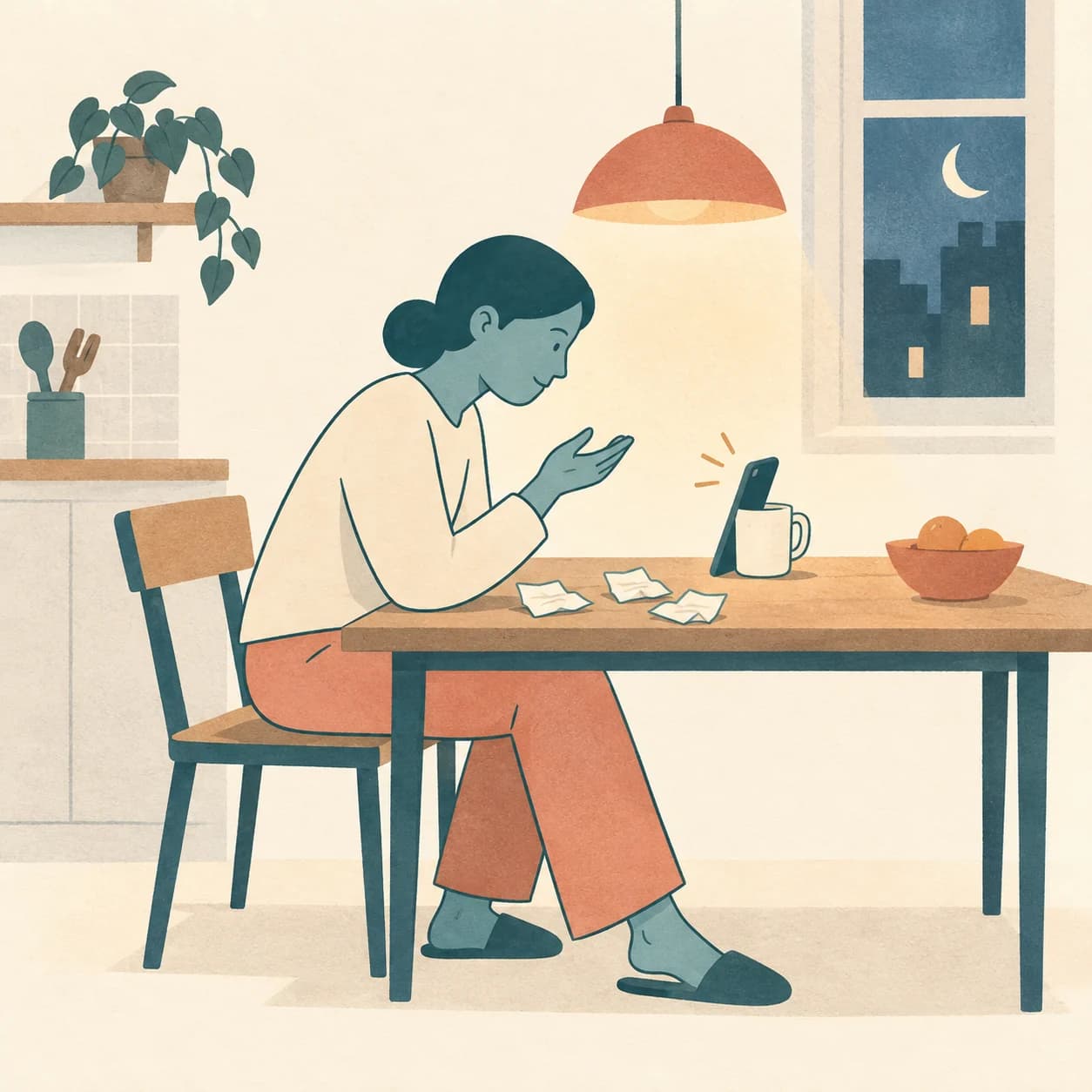 A learner rehearses a difficult line alone at her kitchen table, with nobody waiting for her to get it right.