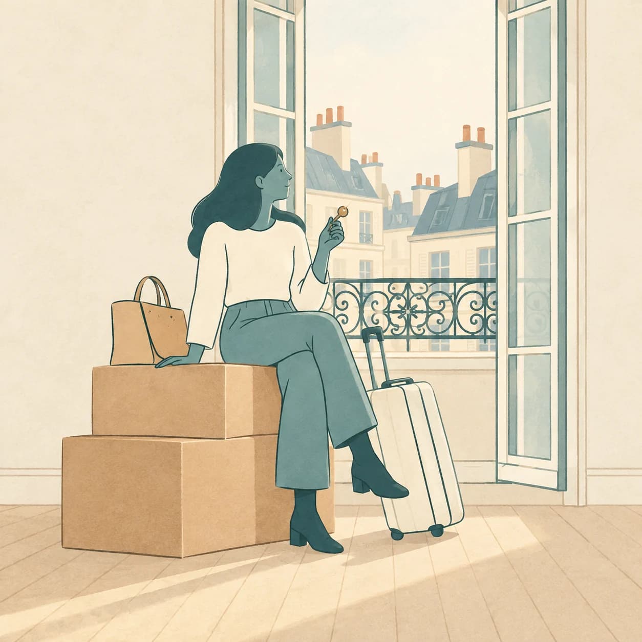 Sophie sits on her moving boxes with a suitcase beside her, looking out across Paris on the day she arrives.