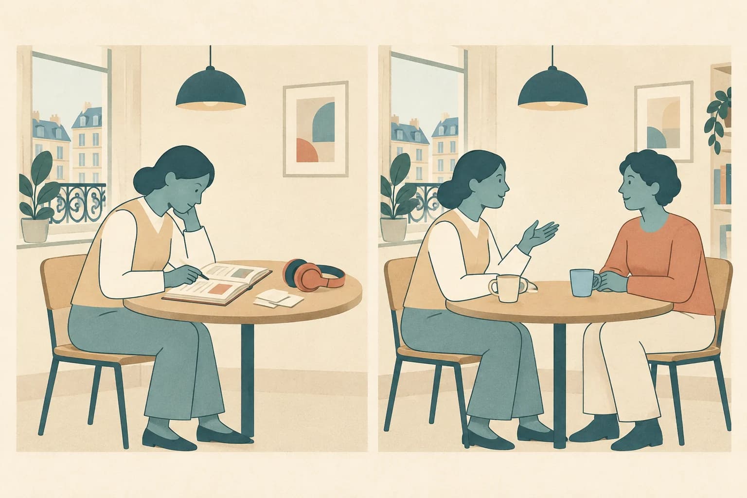 A learner moves from studying alone at a table to using the language in conversation with another person.