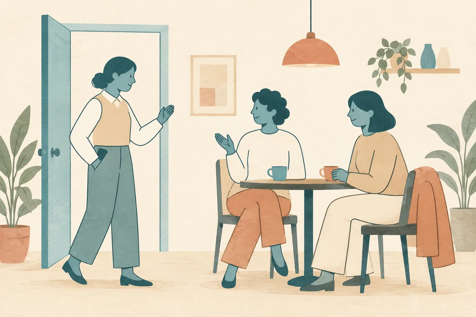 A learner carries a rehearsed conversation into real life, joining two people at a café table.