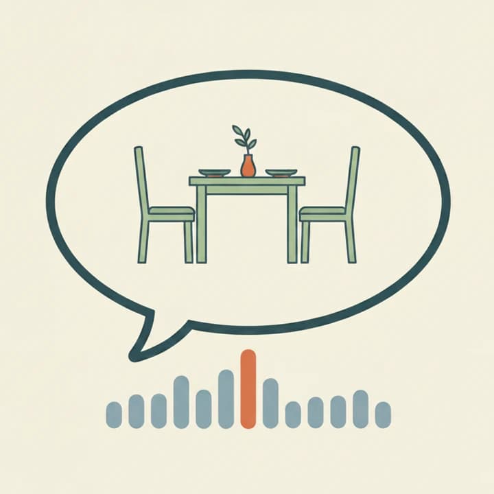 A speech bubble holding a small drawing of a table laid for two, with a voice waveform beneath it.