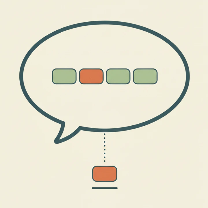 A speech bubble holding four word tiles, with one tile lifted out below it and underlined.