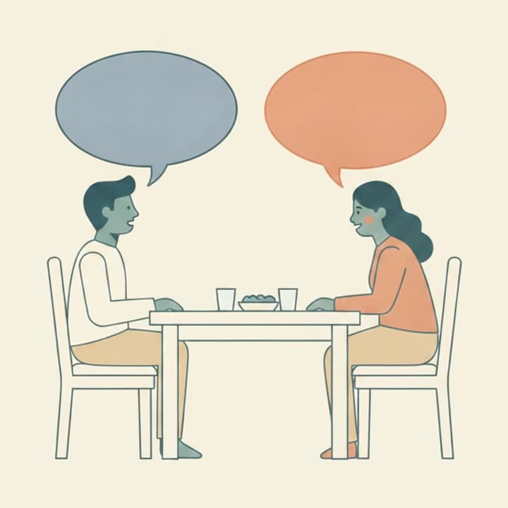 Two people at the table on the day, talking, with a full speech bubble above each of them.