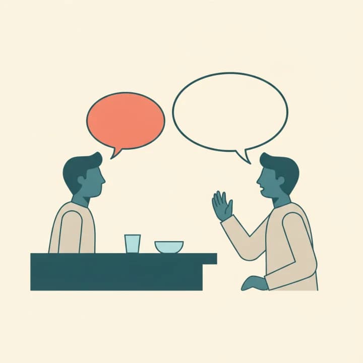 Two people talking across a café counter. One is speaking; the other's speech bubble is empty.
