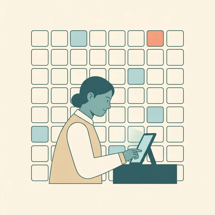 A person studying alone at a desk, in front of a neat grid of flashcards.