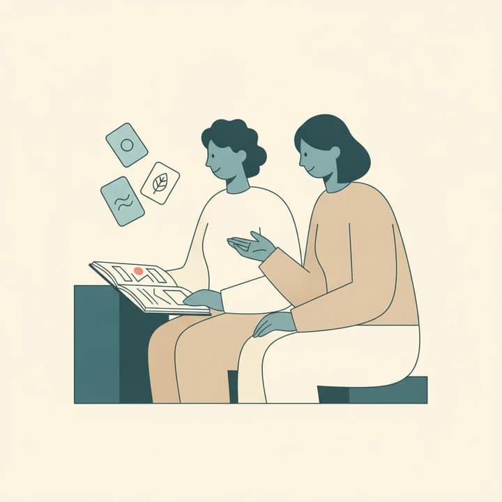 Two people sitting side by side over an open notebook, one explaining to the other.