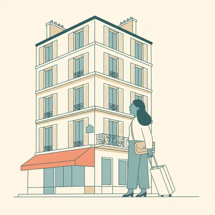 A woman with a suitcase looking up at a Paris apartment building on the day she arrives.