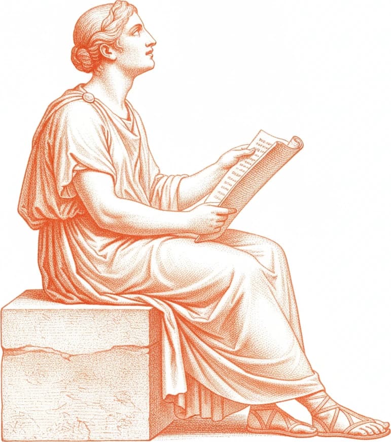 An engraving of a woman seated with an open scroll in her hands, her head lifted, looking up from the page.