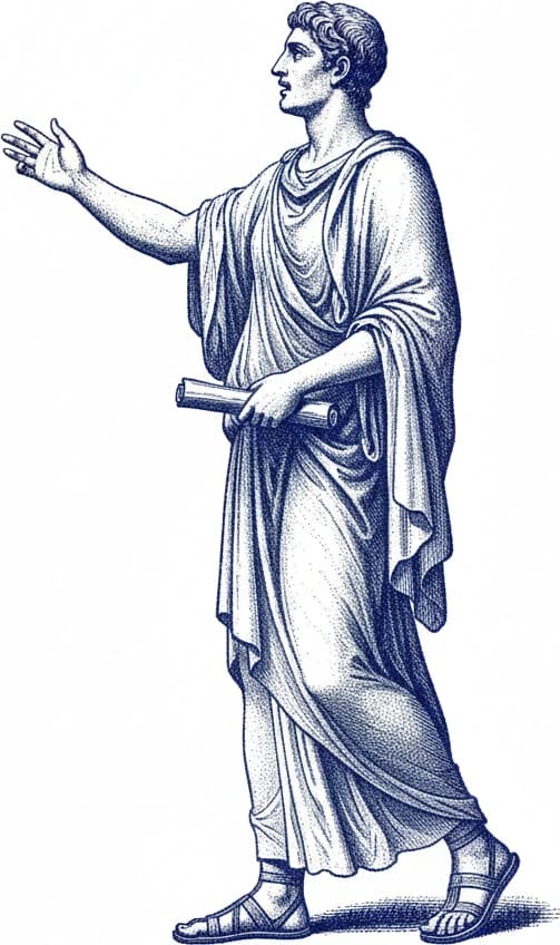 An engraving of a man standing mid-sentence, one hand open toward the person he is speaking to, a closed scroll held at his side.